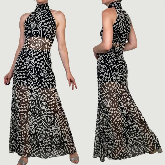 Cache geometric mesh maxi dress sheer Tadashi vintage 90s prom formal cocktail S - Picture 3 of 15